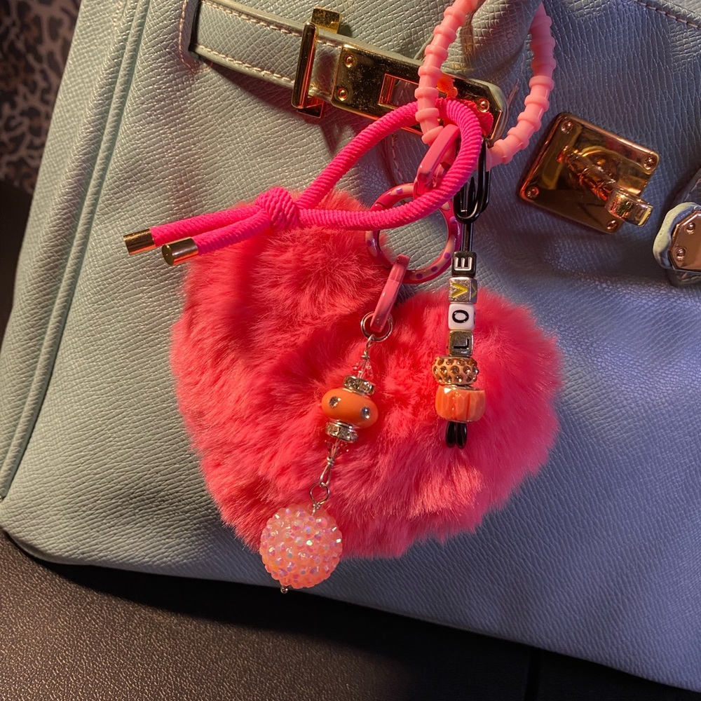 Pink Furry Heart Keychain with Beads